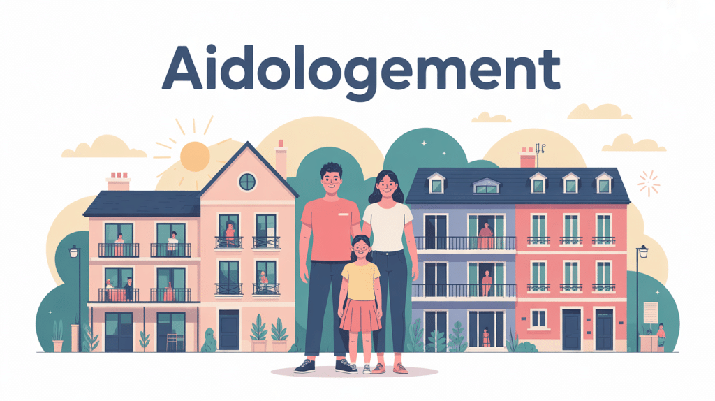 Illustration centrale aidologement famille devant bâtiments