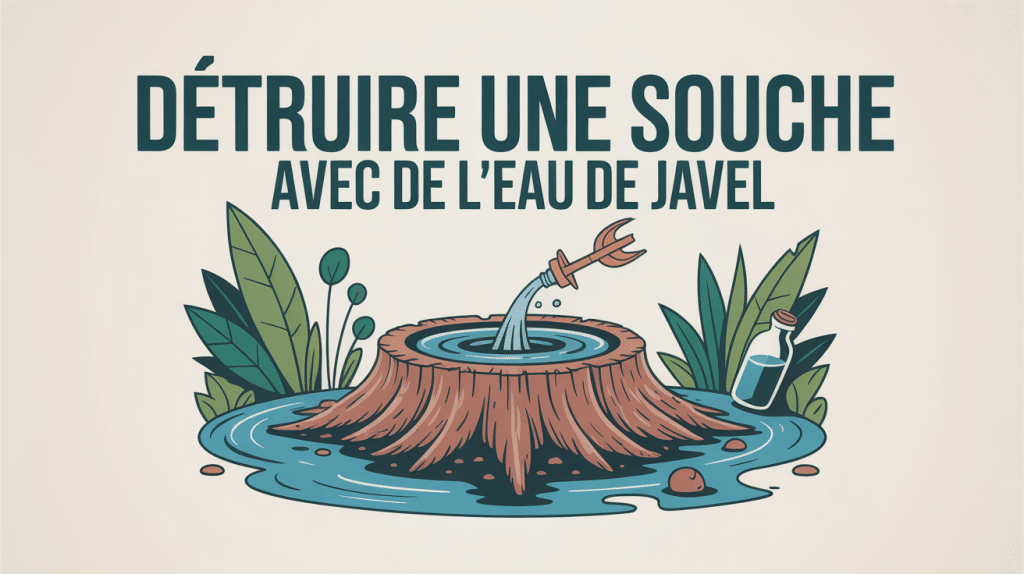Visuel détruire souche eau de javel, souche et flacon, jardin stylisé