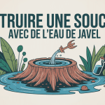Visuel détruire souche eau de javel, souche et flacon, jardin stylisé