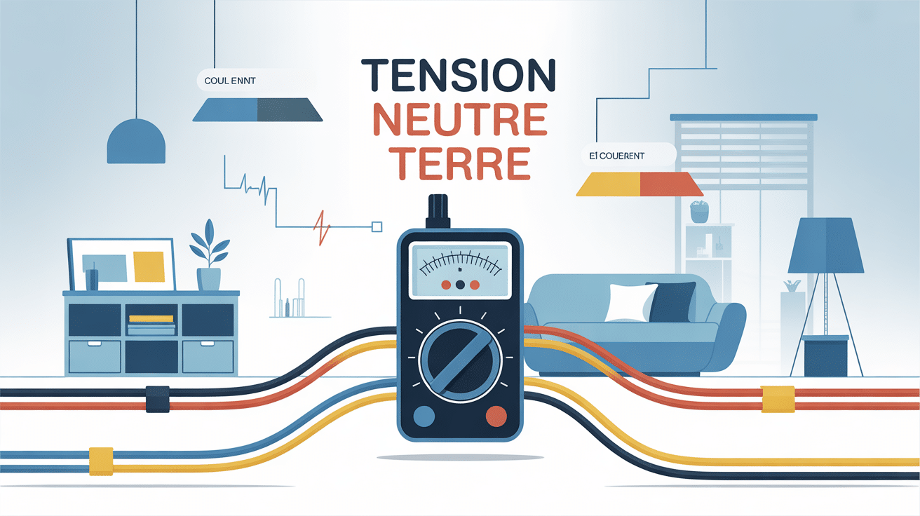 Illustration tension entre neutre et terre avec multimètre dans installation domestique