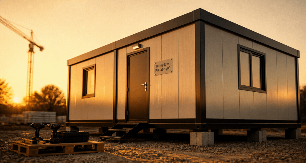 bungalow préfabriqué moderne sur chantier au coucher du soleil