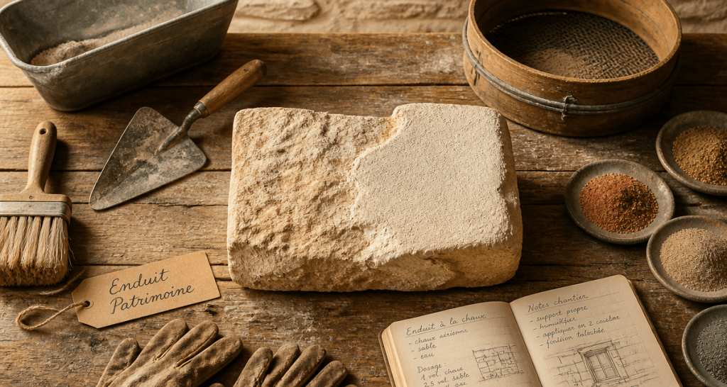 Enduit patrimoine sur établi avec outils anciens