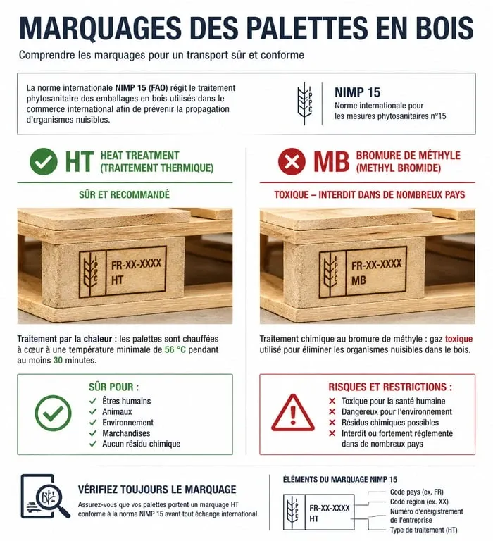 Infographie sur les marquages de sécurité des palettes en bois pour fabriquer des meubles