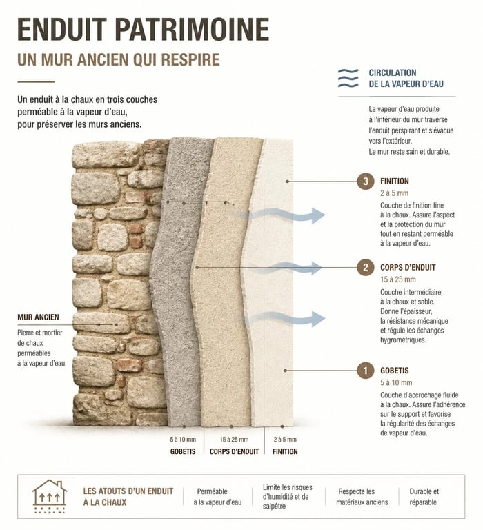 Schéma technique de l'application d'un enduit patrimoine en trois couches sur un mur ancien