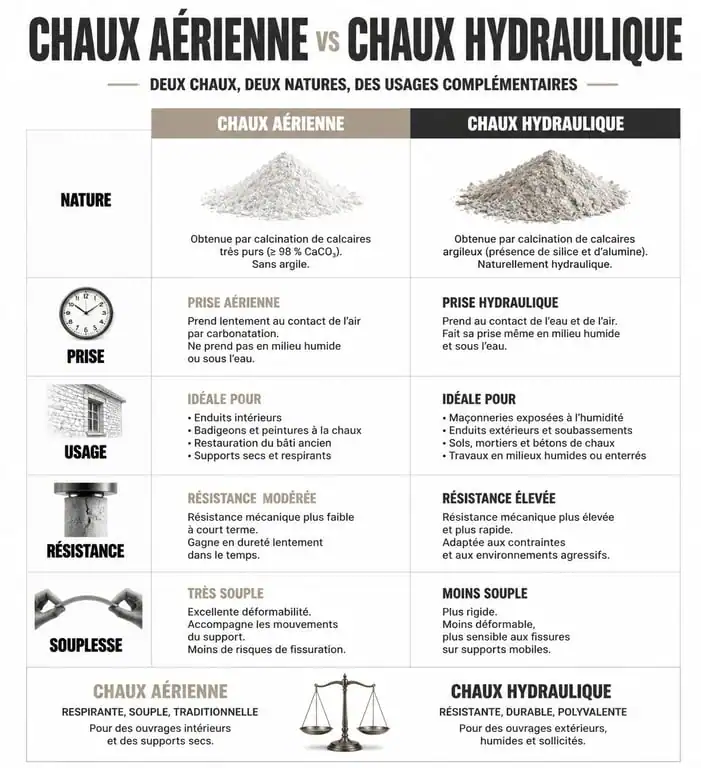 Infographie comparative des types de chaux pour enduits à la chaux à Paris