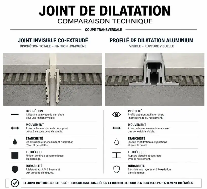 Schéma comparatif joint de dilatation carrelage invisible vs joint classique