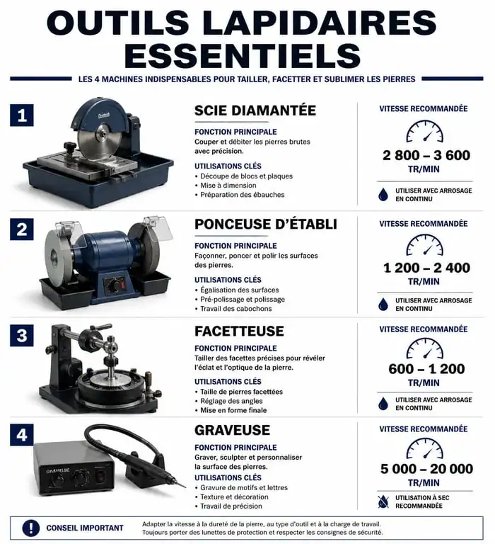 Infographie des outils lapidaires essentiels pour le travail de la pierre