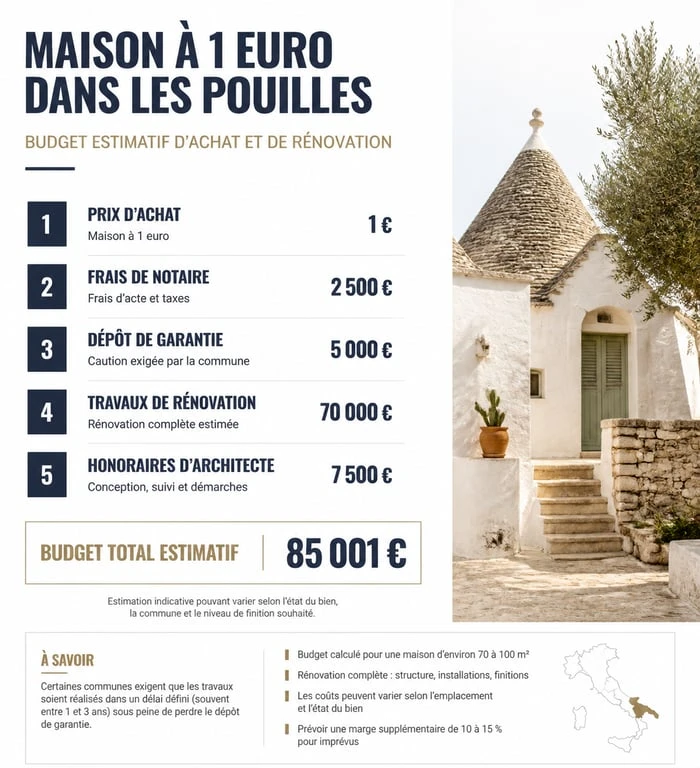 Budget estimatif pour l'achat et la rénovation d'une maison à 1 euro dans les Pouilles