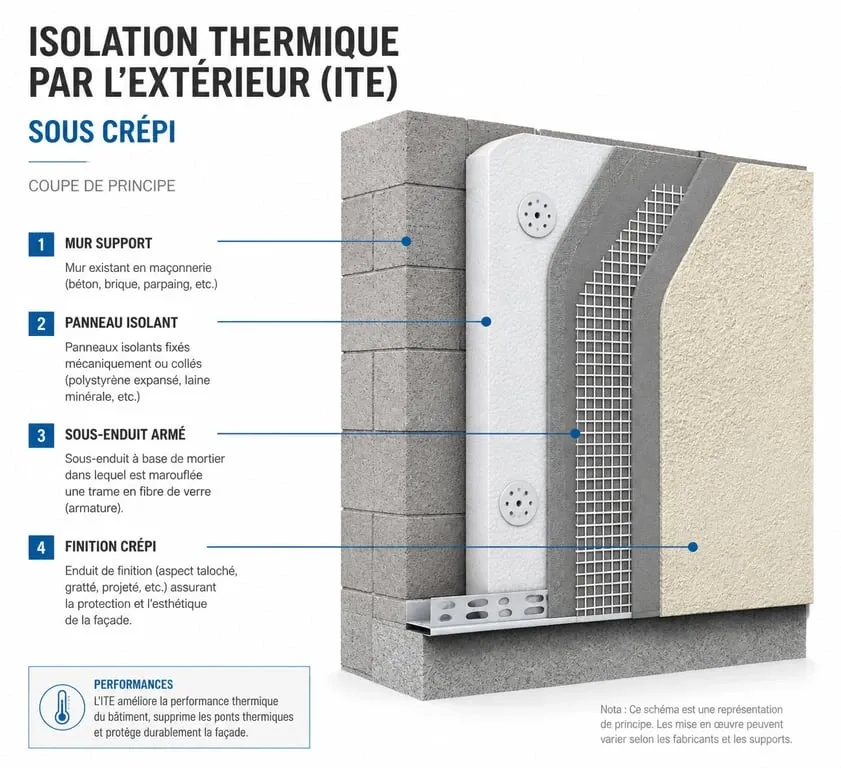 Schéma technique d'une isolation thermique par l'extérieur avec crépi isolant
