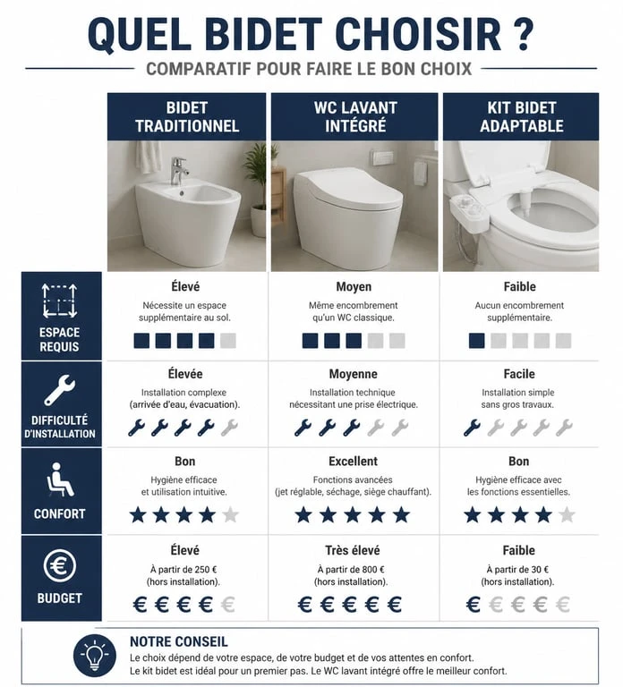 Comparatif des types de bidets : traditionnel, WC lavant et kit adaptable pour salle de bain