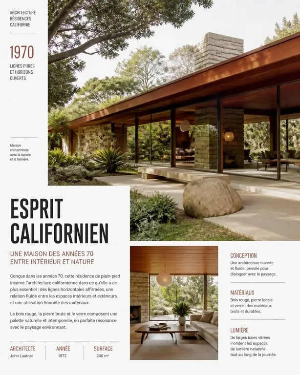 Maison californienne année 70 avec grandes baies vitrées et architecture horizontale