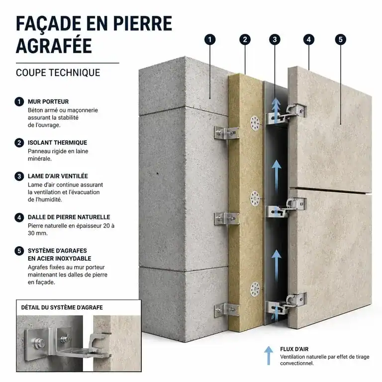 Schéma technique de pose de pierre agrafée en façade ventilée