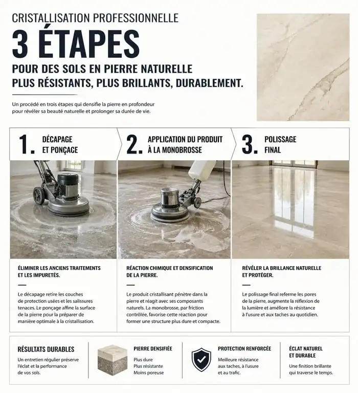 Étapes du procédé de cristallisation du carrelage en pierre naturelle