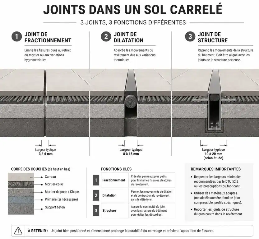 Schéma explicatif des différents types de joints pour carrelage : fractionnement, dilatation et structure