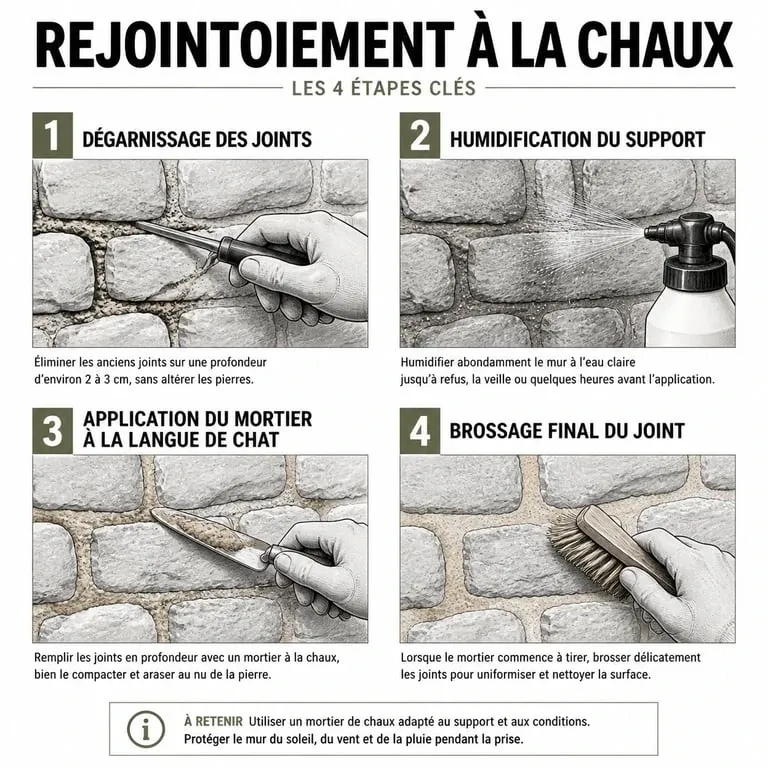 Étapes de réalisation d'un joint à la chaux extérieur sur un mur en pierre