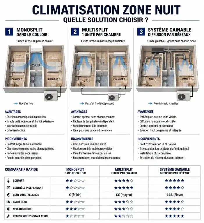 Infographie comparative des solutions de climatisation pour refroidir les chambres depuis un couloir