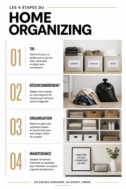 Infographie des étapes clés de l'aide au rangement maison et du home organising