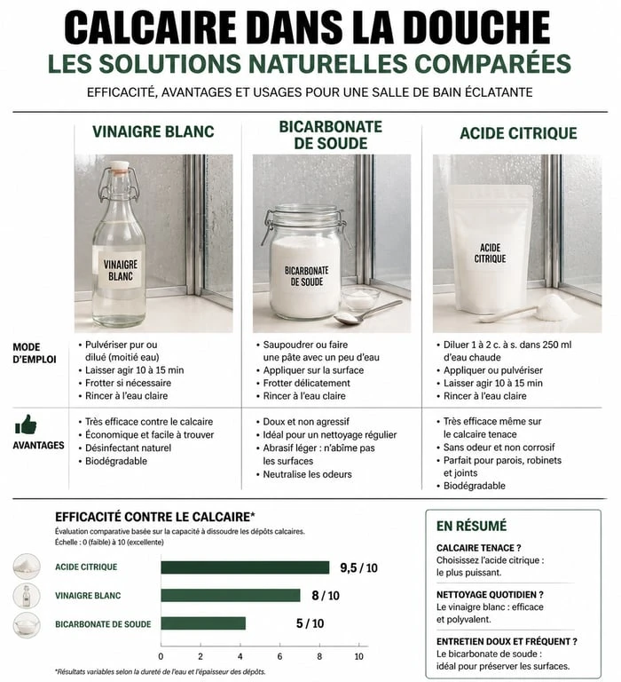 Infographie comparative des méthodes naturelles pour nettoyer le calcaire sur paroi de douche