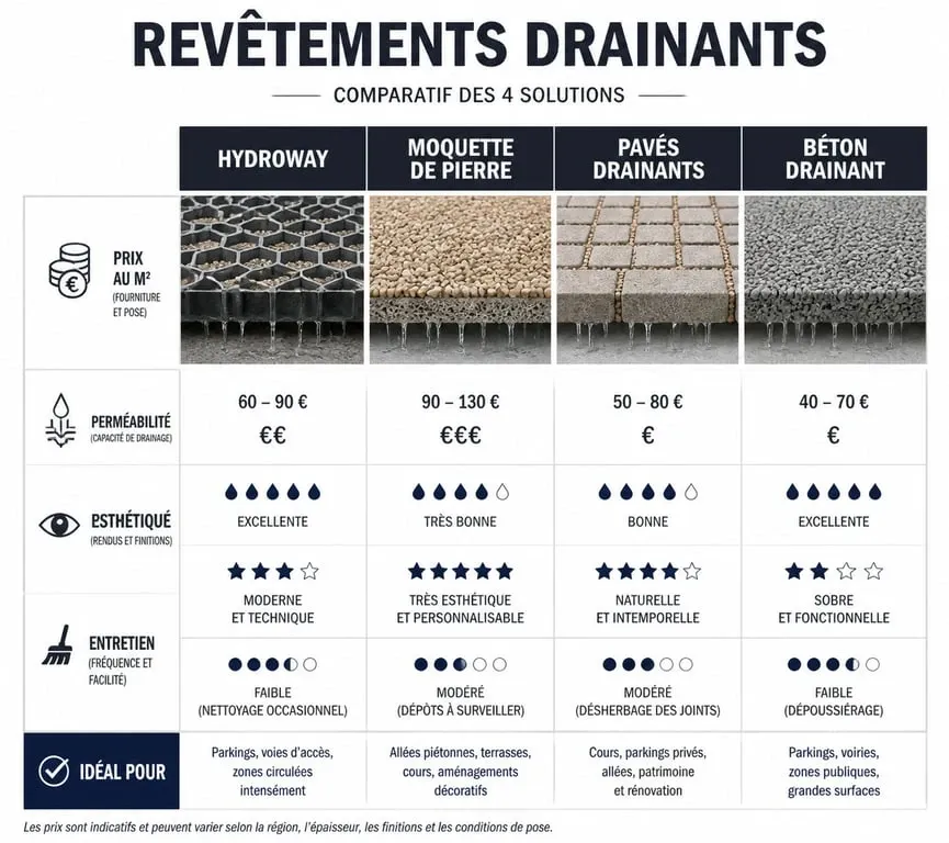 Comparatif des revêtements drainants : prix et caractéristiques du revêtement Hydroway par rapport aux alternatives