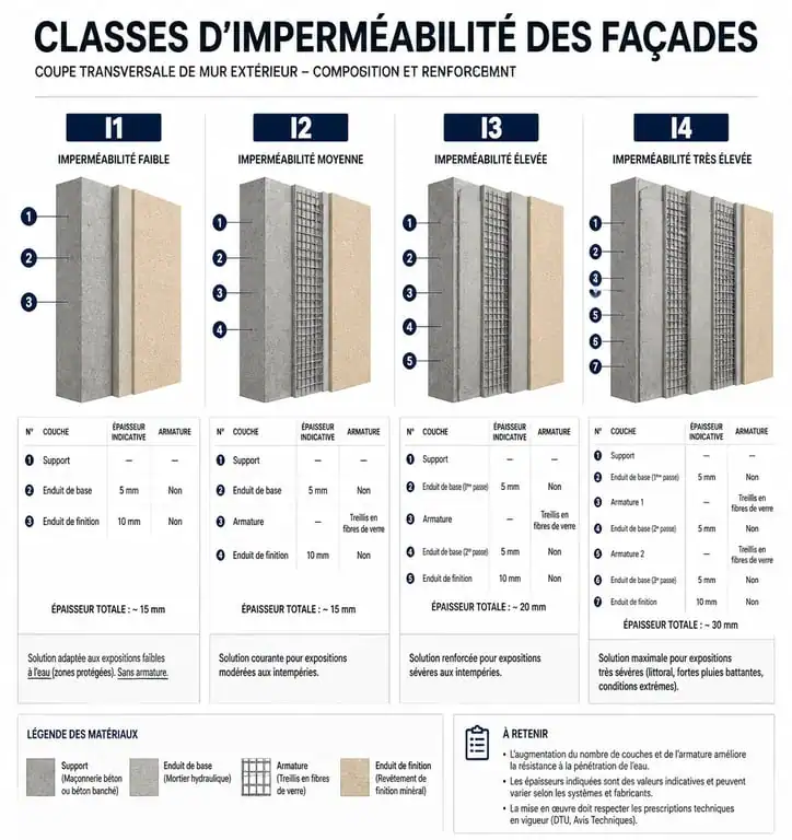 Infographie comparative des classes d'imperméabilité I1 à I4 pour le ravalement de façade dans le 92
