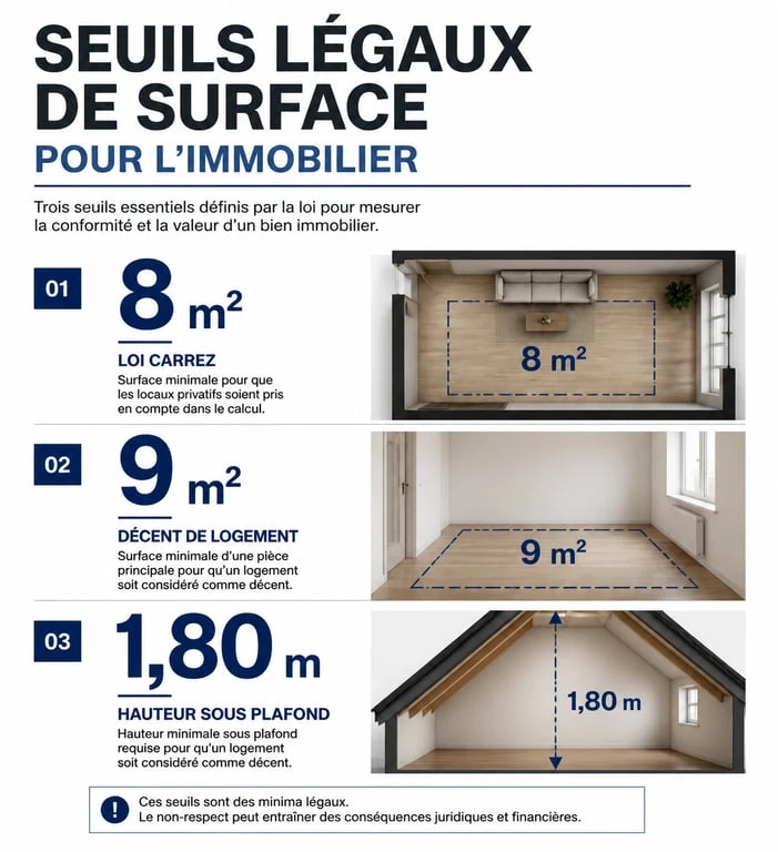 Infographie des seuils de surface légaux pour la vente immobilière : loi Carrez, décence et hauteur sous plafond