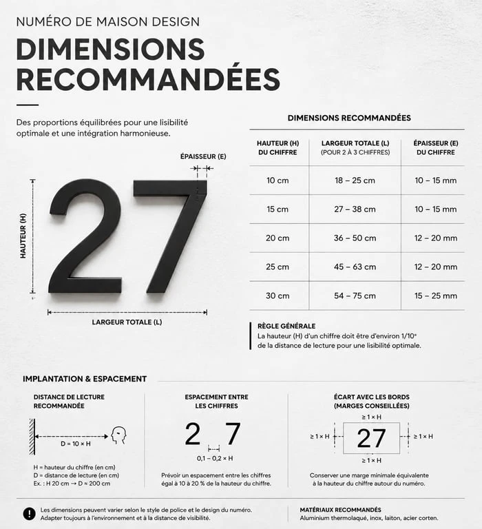 Infographie des dimensions recommandées pour un numéro de maison design moderne