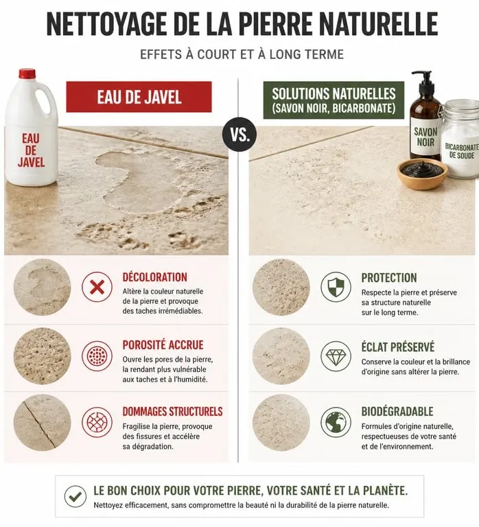 Infographie comparative : nettoyage pierre naturelle à la Javel vs solutions naturelles