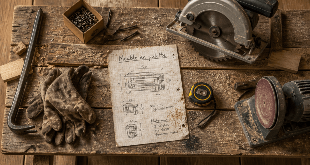 Fabriquer meuble palette, outils sur établi