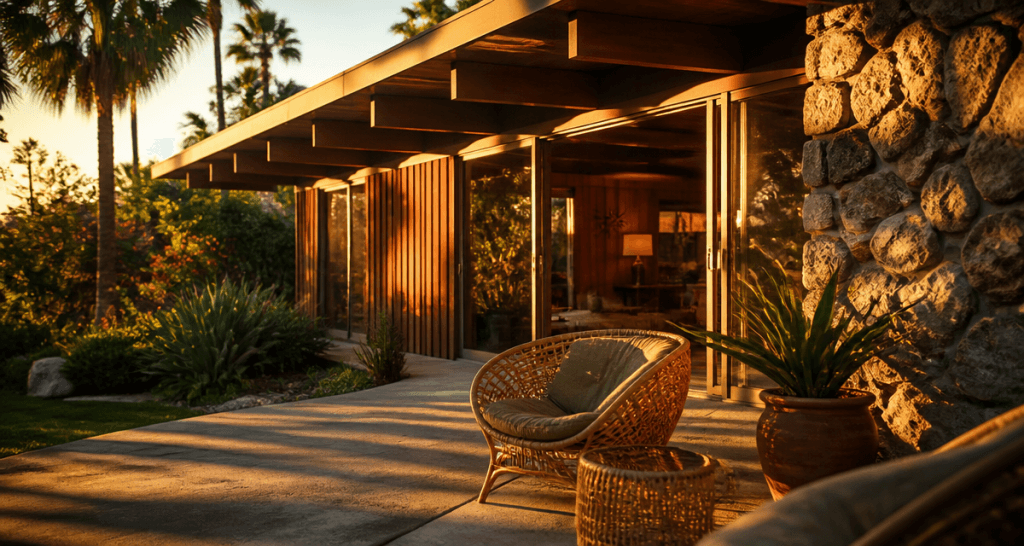 maison californienne année 70 façade bois pierre terrasse