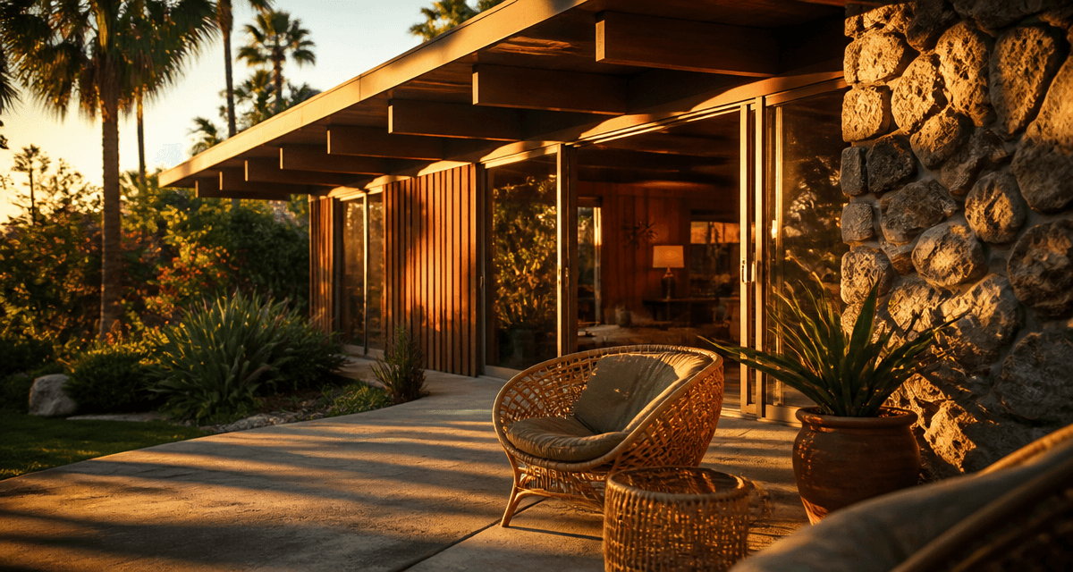 maison californienne année 70 façade bois pierre terrasse