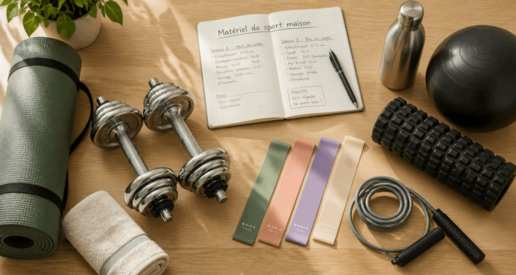 materiel sport maison tapis haltères corde