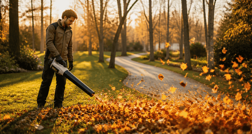 meilleur souffleur sur batterie utilisé dans un jardin en automne