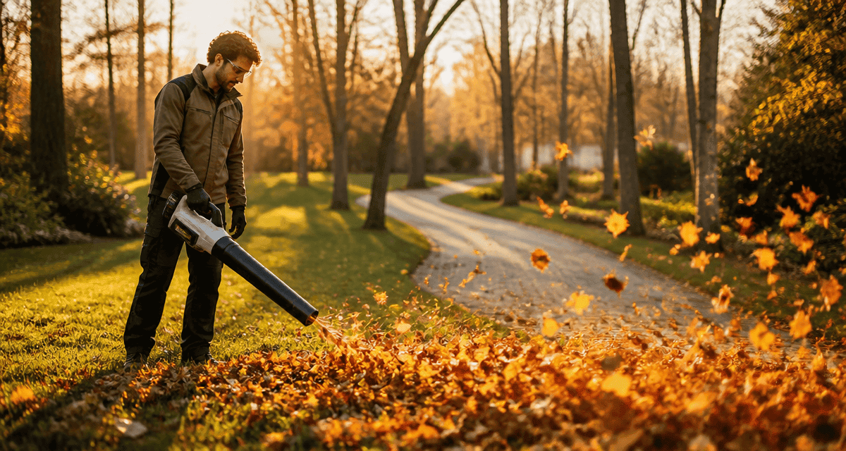 meilleur souffleur sur batterie utilisé dans un jardin en automne