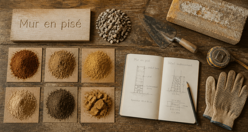 échantillons et outils pour mur en pisé