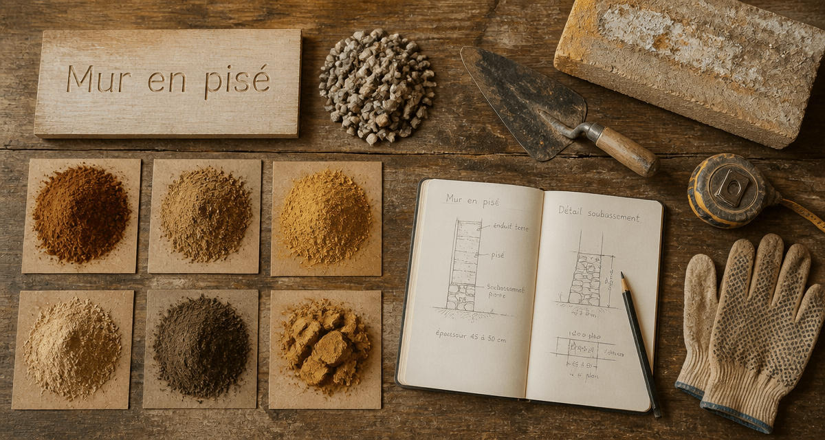 échantillons et outils pour mur en pisé