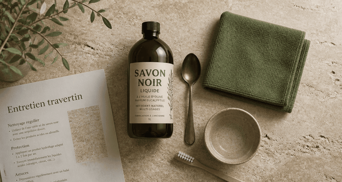 nettoyage travertin savon noir sur plan de travail