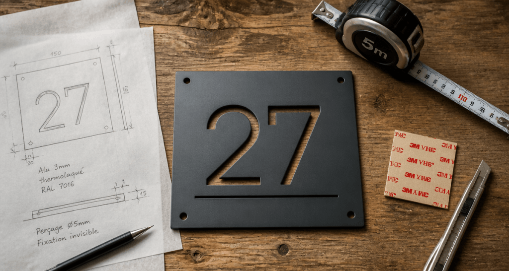 Numero de maison design aluminium thermolaqué sur bureau atelier