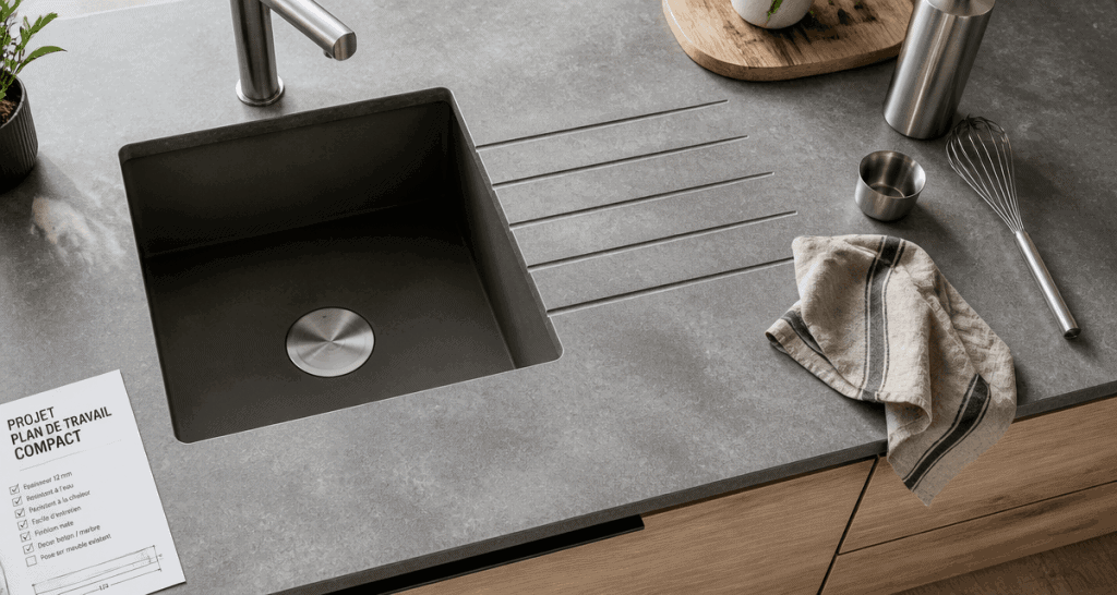 plan de travail compact avis, vue flat-lay cuisine