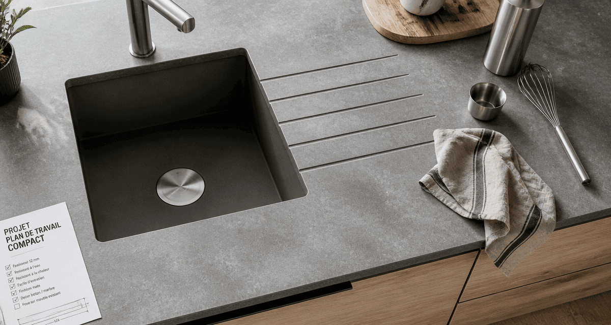 plan de travail compact avis, vue flat-lay cuisine