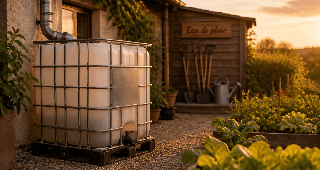 récupérateur d'eau 1000l cuve ibc au jardin