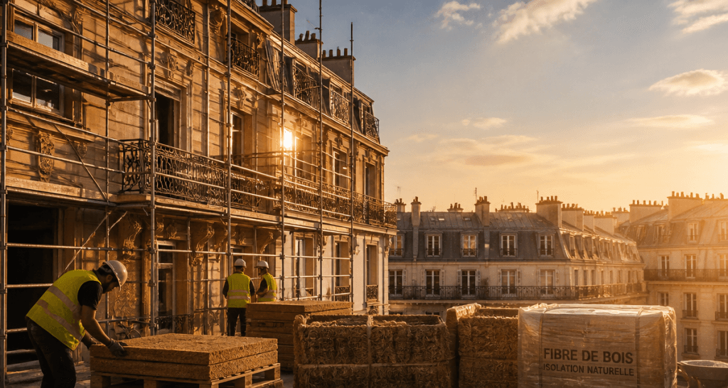 Réhabilitation de bâtiments anciens Paris avec échafaudages et matériaux biosourcés