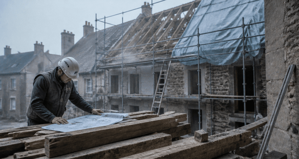 Surélévation maison ancienne artisan sur chantier