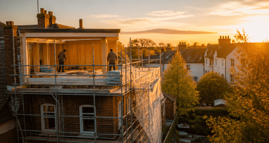 Surélévation maison et voisinage, échafaudage et ouvriers