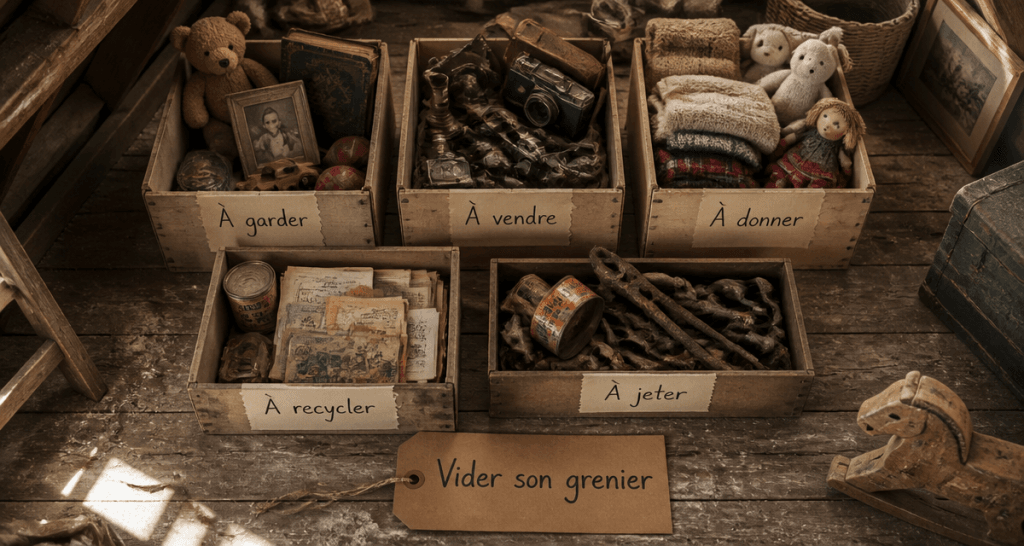 Vider mon grenier, cinq bacs de tri au sol
