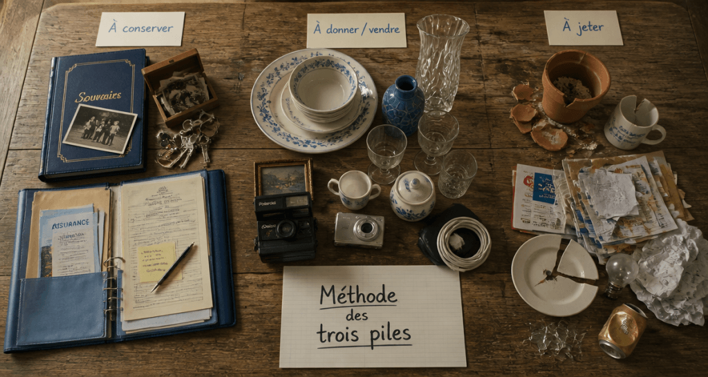 Vider une maison par où commencer tri en trois piles sur table