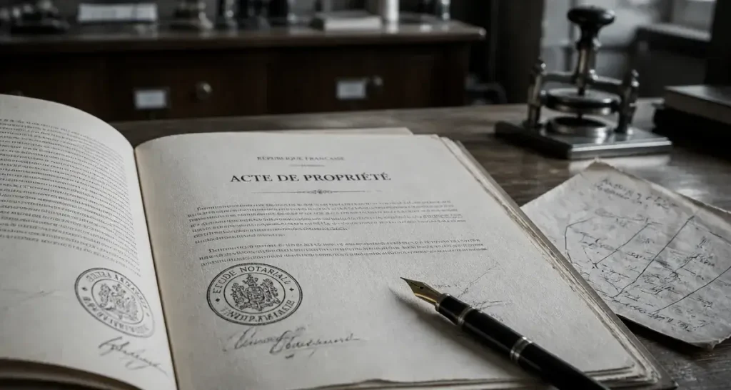 Acte de propriété maison : dossier notarial, signatures et plan