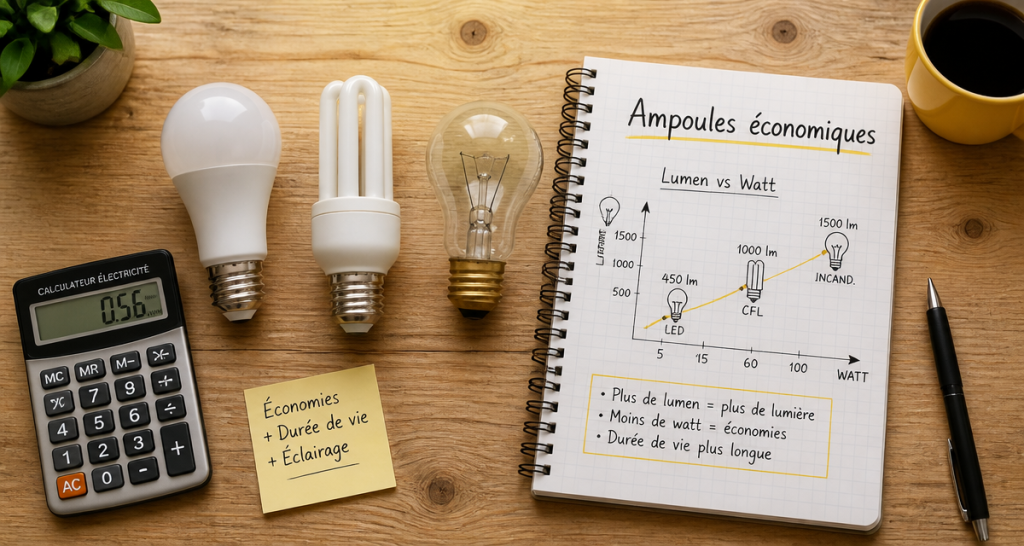 Ampoule economique LED CFL incandescente sur table bois