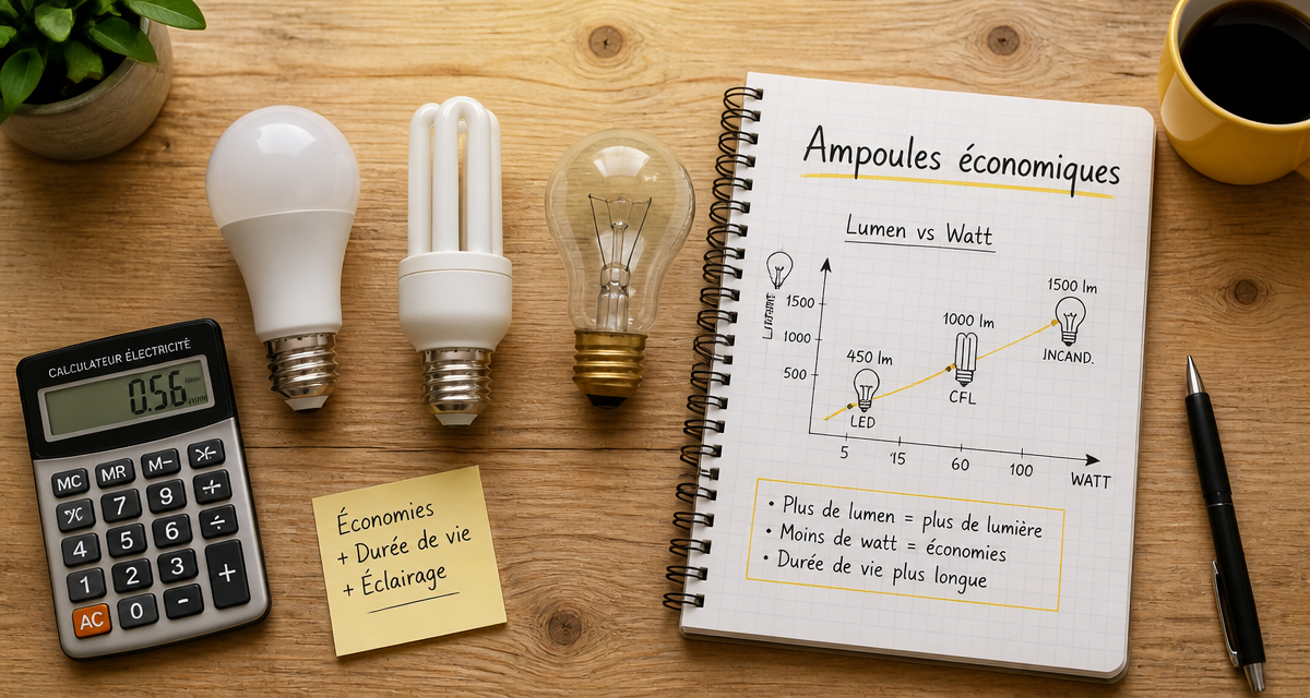 Ampoule economique LED CFL incandescente sur table bois