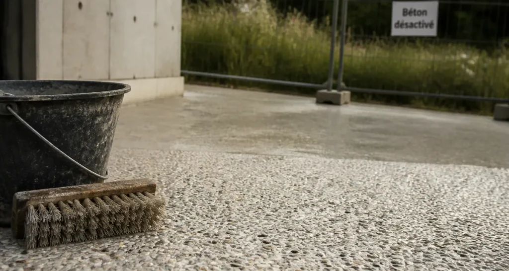 béton desactivé terrasse : texture granuleuse de gravillons lavés