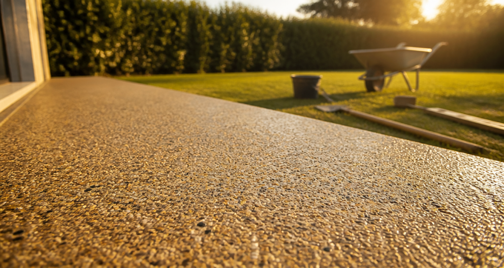 beton lavé terrasse vue jardin granuleuse